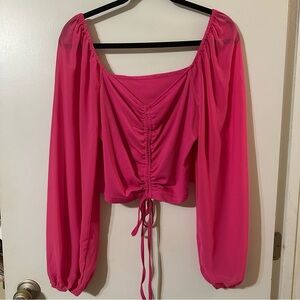 NWOT Hot pink crop with lantern sleeves and front ruching size XL